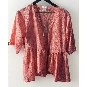 Forever Me Peach Lace Cardigan Open Front Crochet Look Lightweight Sz 14-16